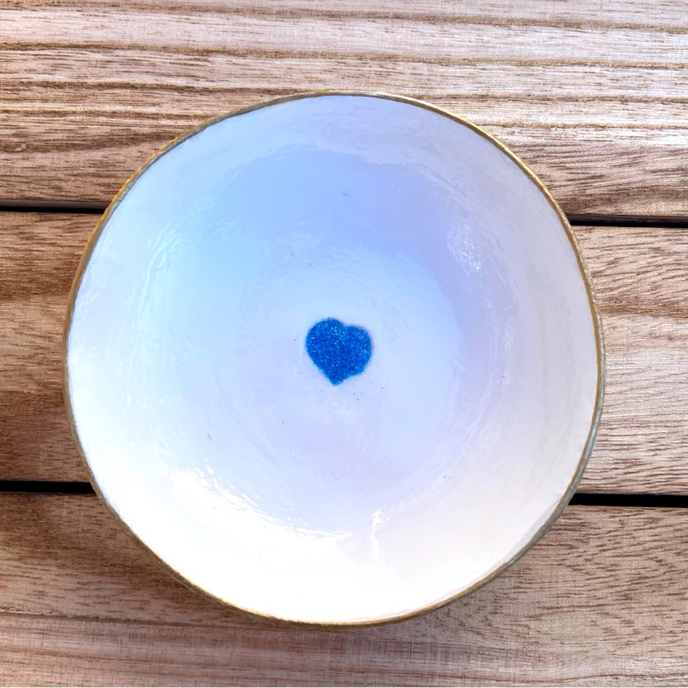 Ring Bowl White with blue glitter gold rim trinket decor Catchall